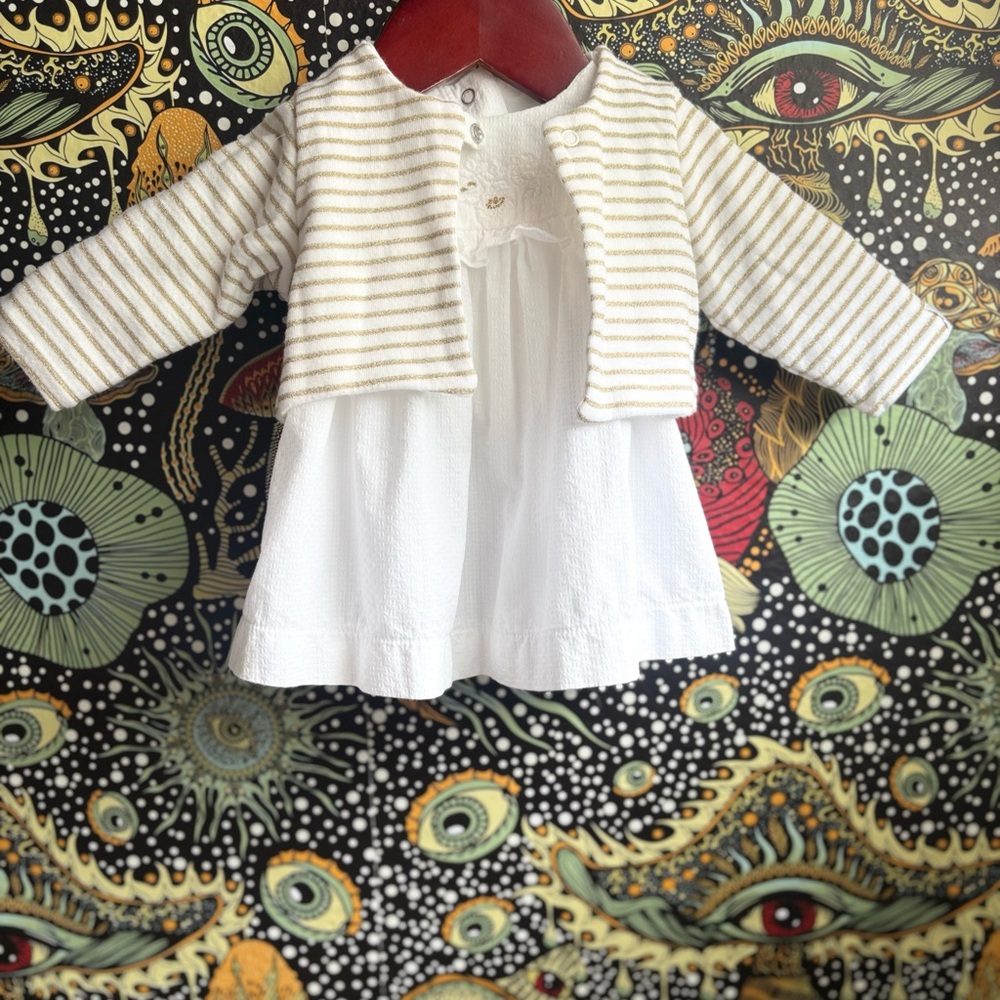 Petit Bateau White and Gold Striped Baby Cardigan, dress and bloomers 💕
